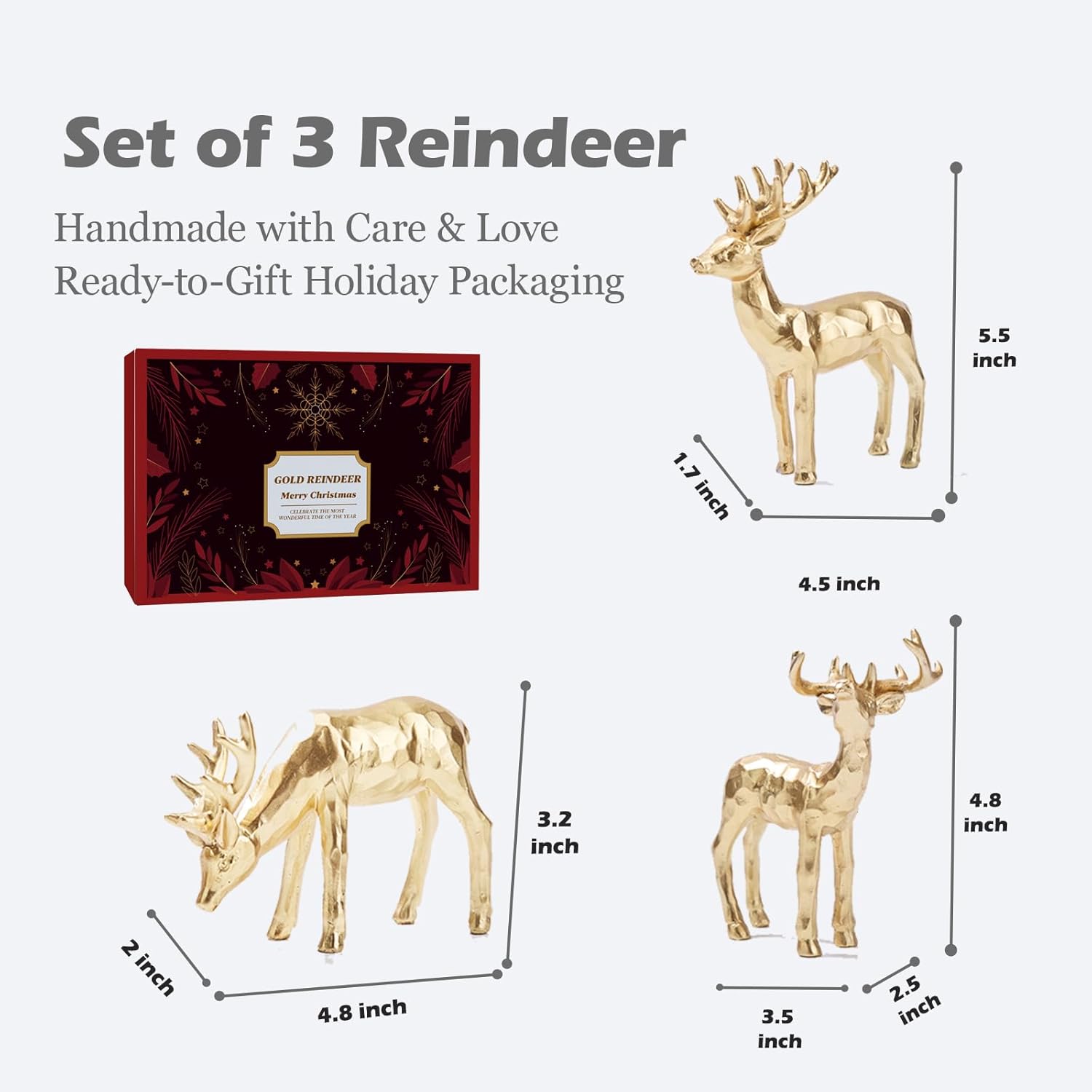 Regine Switzerland 3-Piece Resin Reindeer Figurines - Gold Christmas Tabletop Decor Set