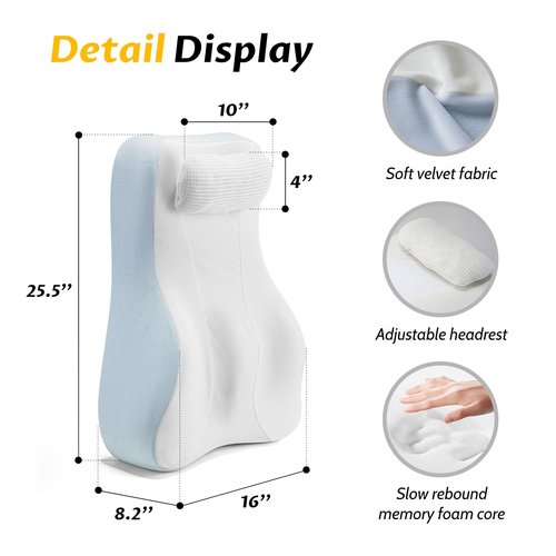 Ergonomic S Curve Reading Pillow for Sitting in Bed Adult- Back Pillow for Bed Sitting up with Adjustable Headrest- Memory Foam White, Blue