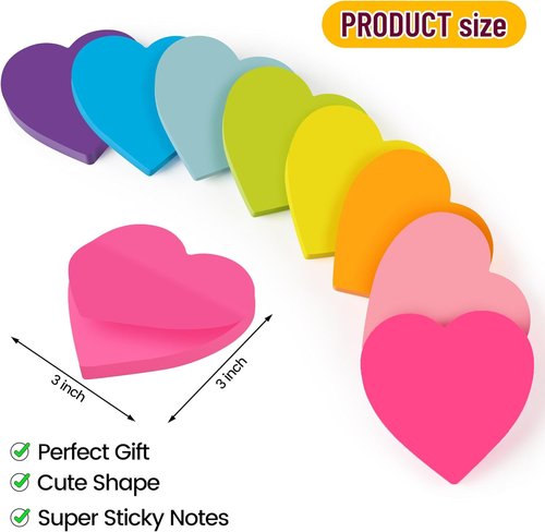 Heart Sticky Notes | 3x3 Inch | 8 Pads of Super Cute Bright Color with Strong Adhesive & Clean Removal