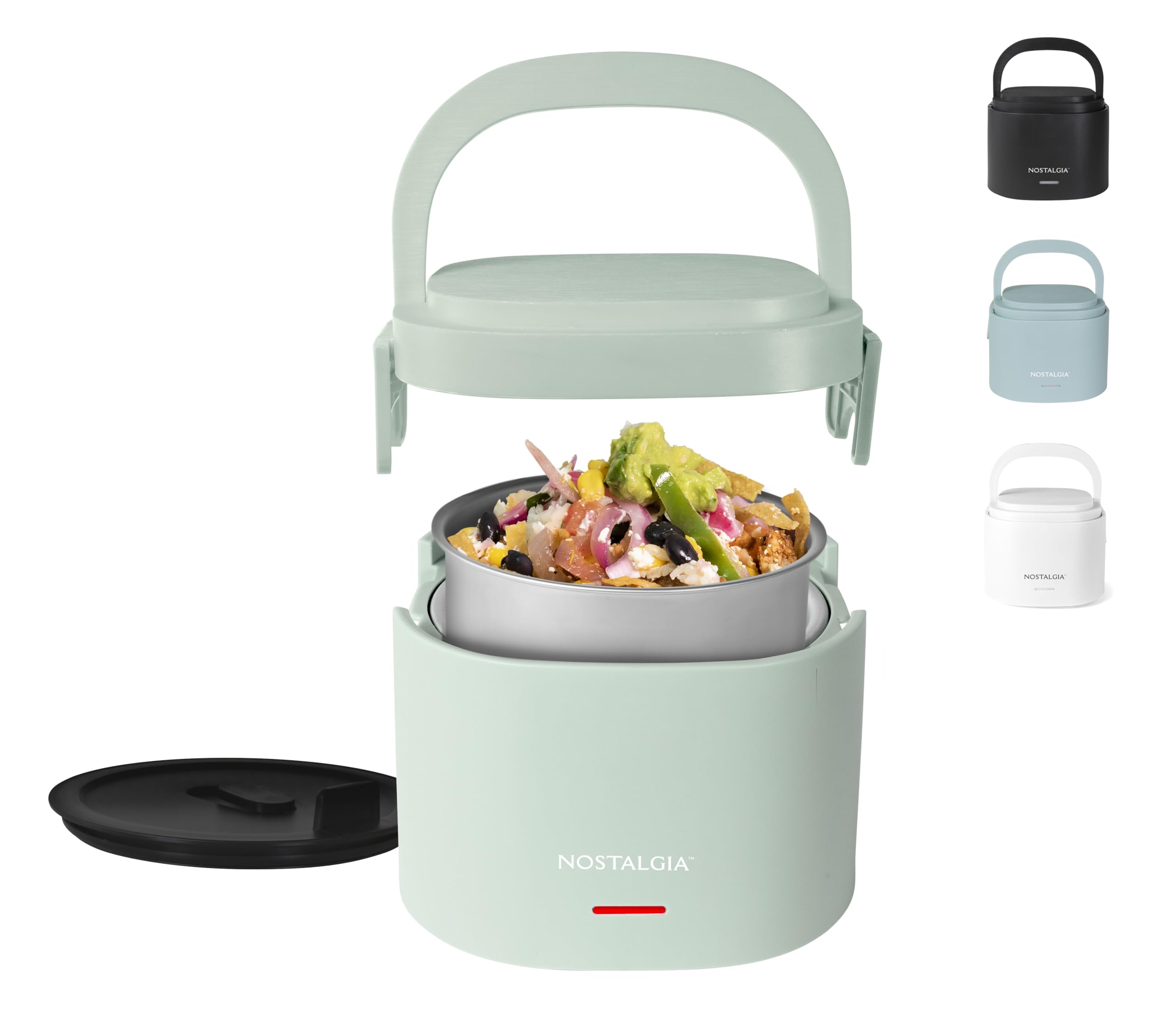 Nostalgia Portable Heated Lunch Box – 2.5-Cup Stainless Steel Food Warmer – Detachable Cord, Leak-Proof Lid, Carry Handle – Portable for Work & Travel – Sage