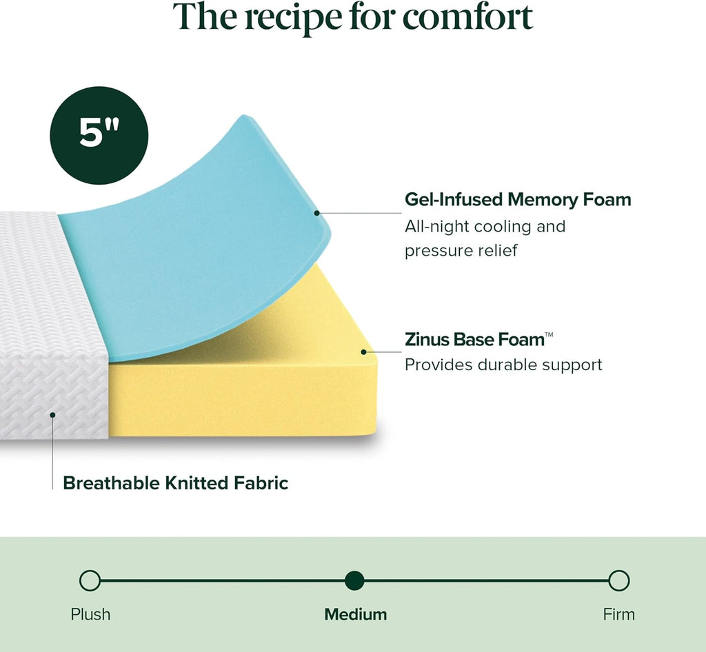 Zinus 5 Inch Twin Memory Foam Mattress - Cooling Comfort with Breathable Layers, Fiberglass Free