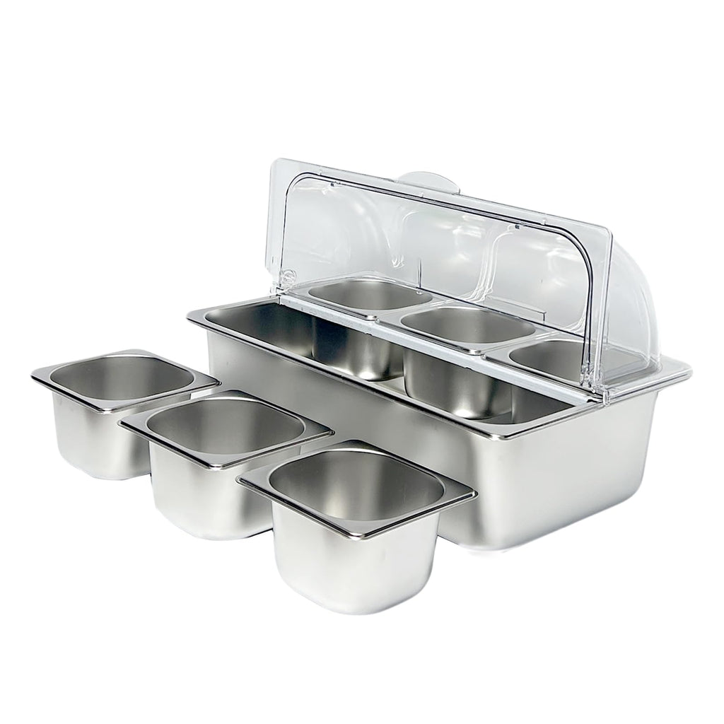 YPCDTL01 6-Pan Countertop Food Serving Display Container - Cold Buffet Table Serving Station for Salad Dressing, Appetizers, Spices & Fruit -Stainless Steel Food Serving Tray Ideal for Buffets