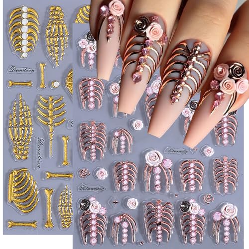 Qdsuh 5D Embossed Skull Halloween Nail Art Stickers Gold Rose Gold