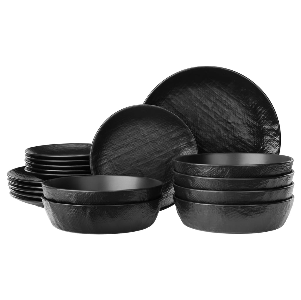 Navaris Linen Artisan Stoneware Dinnerware Set (18 Pieces) - Dishwasher & Microwave Safe Plates & Bowls for 6 with Dinner, Side Plates & Pasta Bowls - Charcoal Black