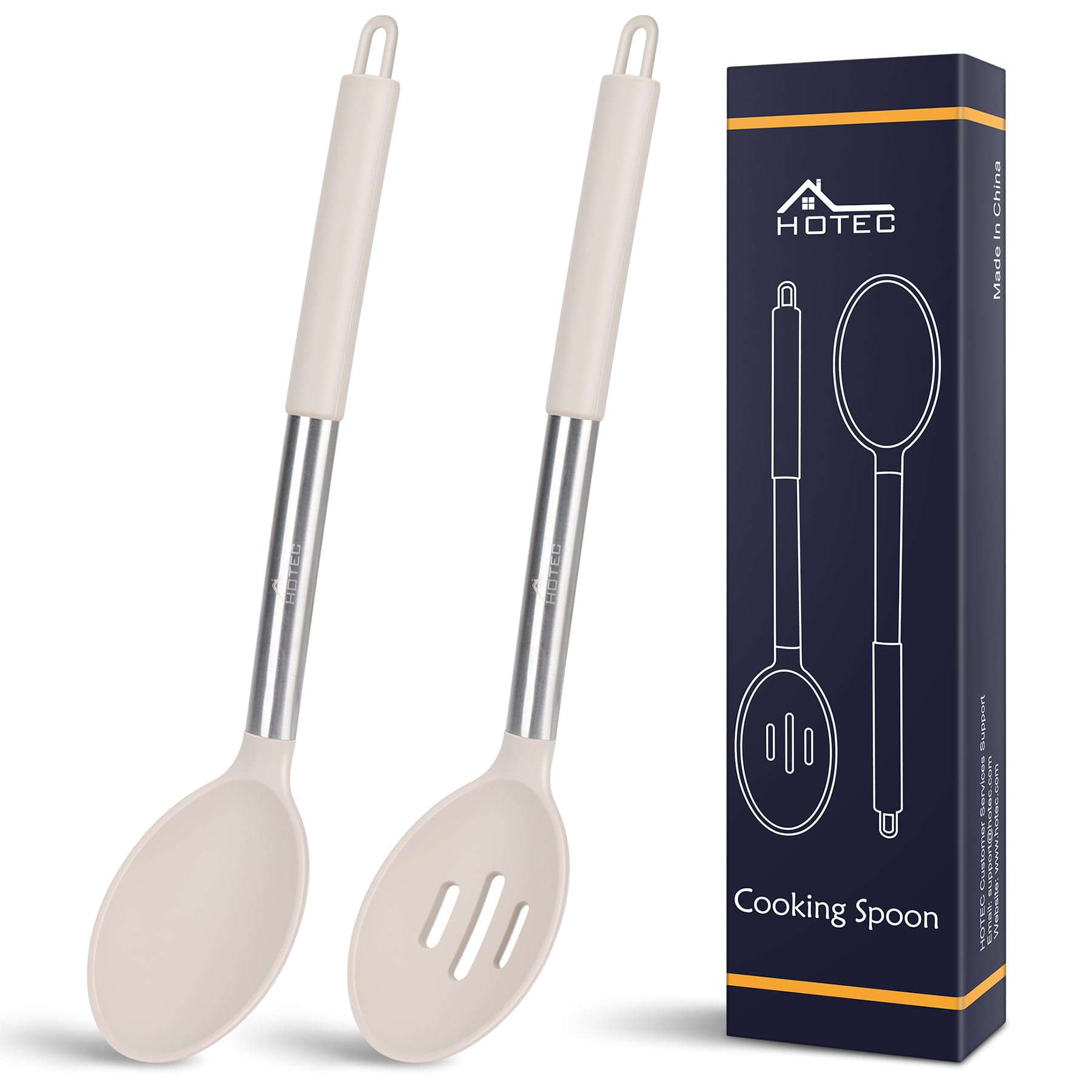 HOTEC Heat Resistant Large Silicone Cooking Spoon, Solid Slotted Spoons, Nonstick Kitchen Cookware Utensils, Mixing, Serving, Stiring Large Spoons, Khaki