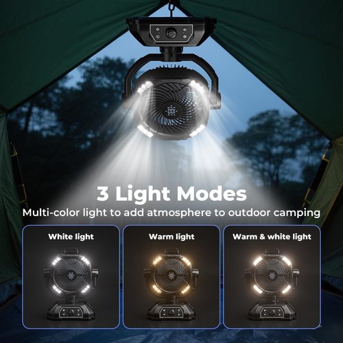 Rechargeable Camping Fan 30000mAh with RGB Lantern, 0-100 Wind Speeds Portable Battery Operated Oscillating with LED Display, 360° Airflow Tent Beach Cordless Travel Fans for Outdoor Home Office