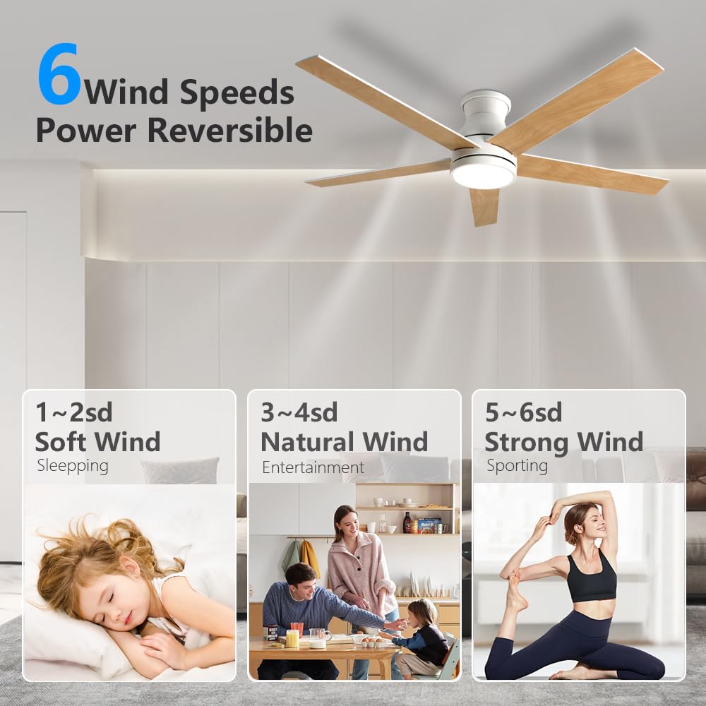 natawinnd 42 inch flush mount ceiling fan with light and Remote Control.5 Blade black ceiling fan flush mount,6 speed Quiet Reversible DC Motor,Low Profile Ceiling Fans for Living Room Bedroom