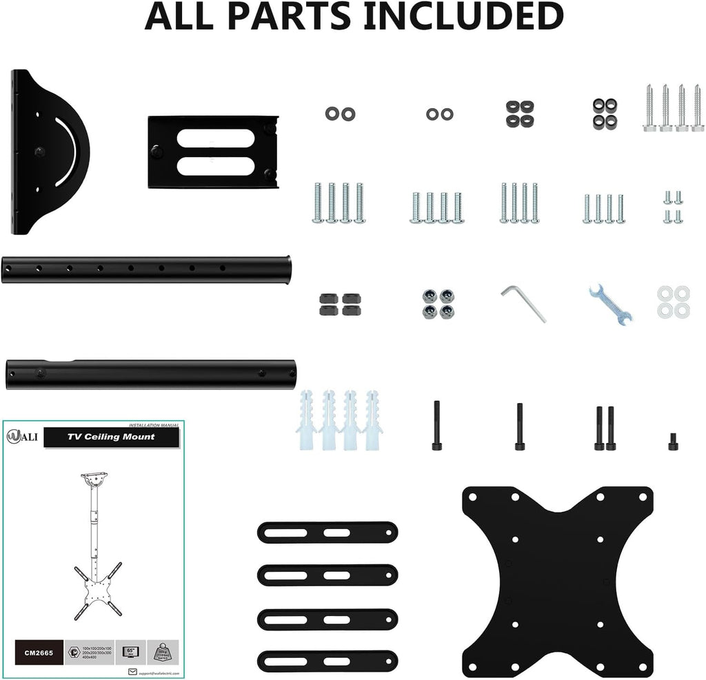 WALI Ceiling TV Mount - Adjustable Bracket for 26-65 Inch 4K TVs | Supports Up to 110 lbs, Black