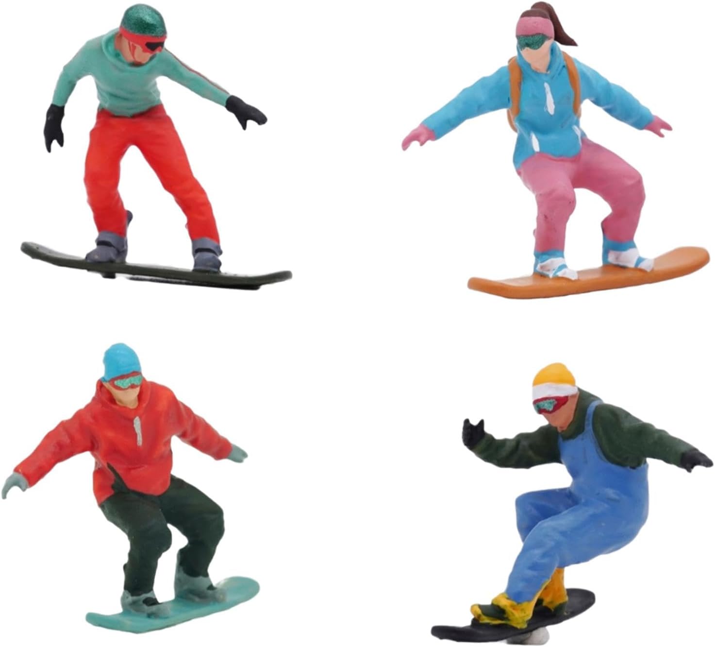 Menolana Miniature Skier Figurines - 4Pcs 1/64 Scale Snowboarding Models for Dollhouse & Railway Decor