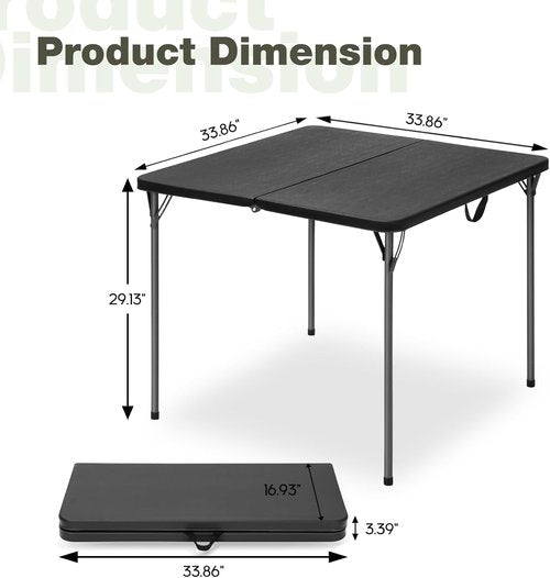 34" Square Folding Table - Heavy-Duty Steel Legs, 330lbs Capacity | Portable Black Picnic Table for 4