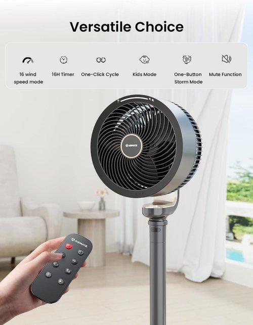 AIRMATE 16-Speed Pedestal Fan - Quiet 27dB Oscillating with Remote Control | Adjustable Height, Grey