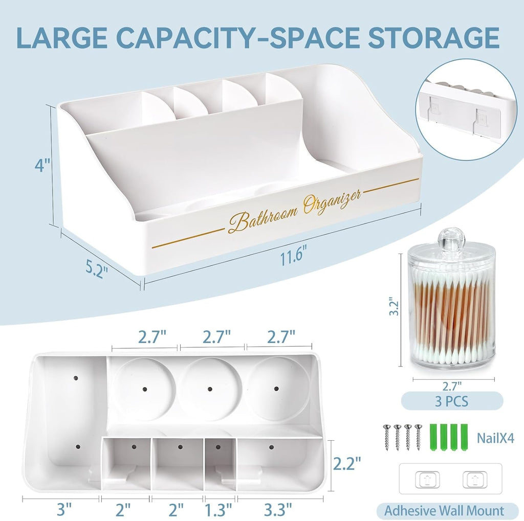Tucao Toothbrush Holder - Sturdy Bathroom Organizer with 6 Large Slots & 3 Qtip Holders | Marble White