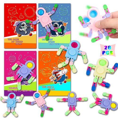28 Pack Valentines Day Gifts for Kids Astronaut Finger Spinners Toys with Valentines Cards for Boys Girls, School Class Classroom Gifts Prizes Exchange Party Favors