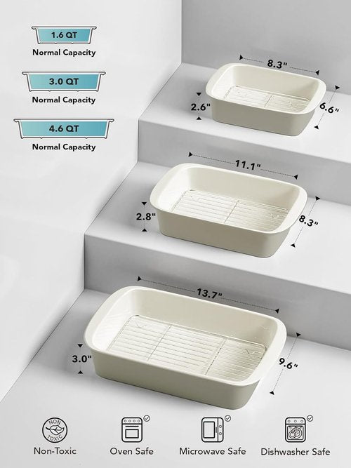 LE TAUCI Deep Casserole Dishes Set - 3-Piece Ceramic Baking Dish Set with Roasting Racks | Oatmeal Greige, Large Size