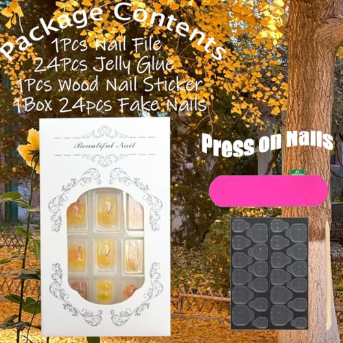 Fall Short Square Press On Nails 3D Maple Leaf False Acrylic Nails