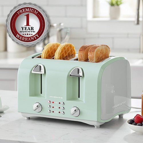 OVENTE Electric 4-Slice Toaster Machine with 6-Shade Selector Setting, Cancel Button, Defrost Function, Crumb Tray, 1400W Power and Wide Slots for Bagels, Waffles and Puff Pastry, Light Blue TS4410LBL