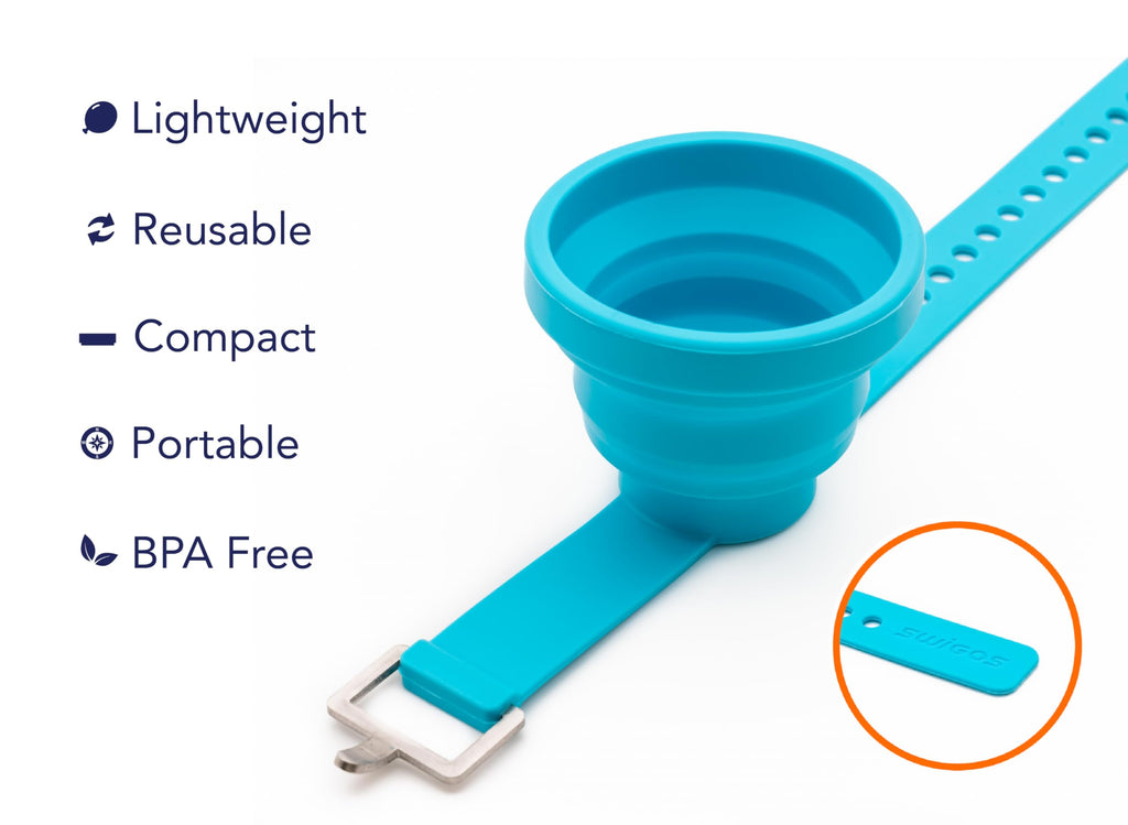 SWIGOS - Collapsible and Portable Shot Ski Kit - 4-pack w/ carrying pack. Silicone cups with an adjustable strap that turn any object into a "shot ski"