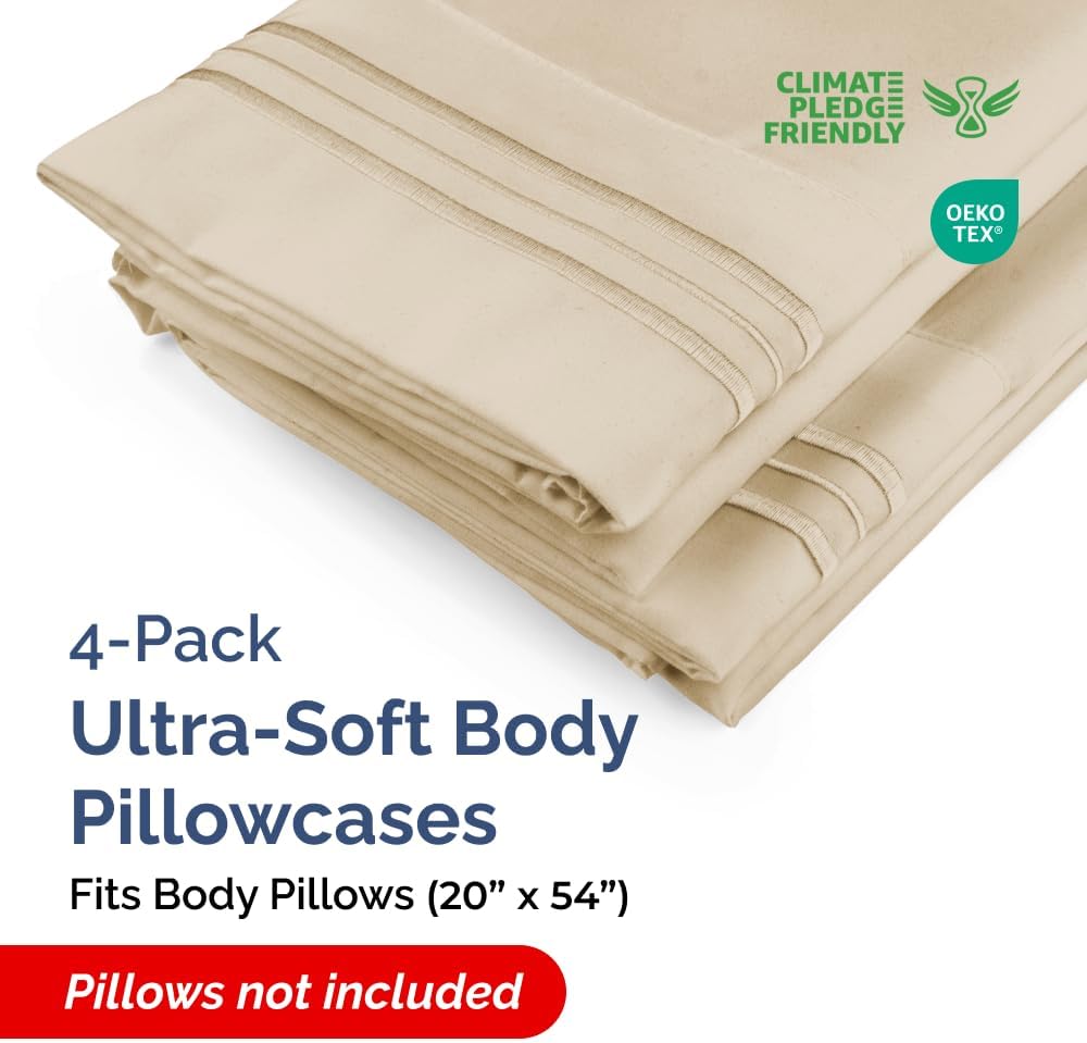 Skiennix Body Pillowcases Set of 4 | Soft & Cozy 20x54 Long Pillow Covers - Breathable & Fade-Free - Machine Washable (Wheat)