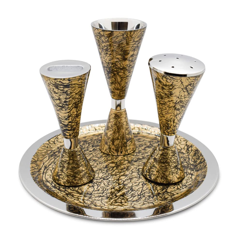 Elegant End of Shabbat Havdalah Set Contemporary Style Nickel Plated Gold Decal - Modern Shape Kiddush Cup Goblet, Tray, Havdulah Candle Holder, Besamim Spice Box Shabbos Decoration by Zion Judaica