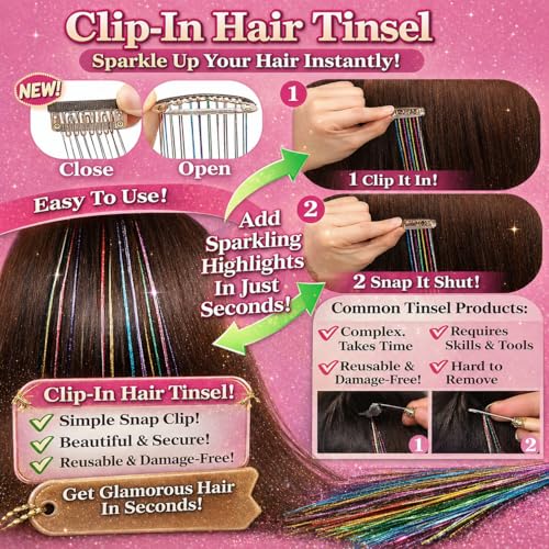 EROADE Clip-In Hair Tinsel 22-Inch 12 Pcs Rainbow Fairy Glitter Extensions