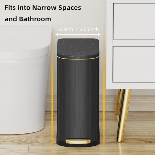 KSSKSS Slim Bathroom Trash Can - 2.6 Gallon Stainless Steel with Soft-Close Pedal | Removable Liner (Titanium Black)