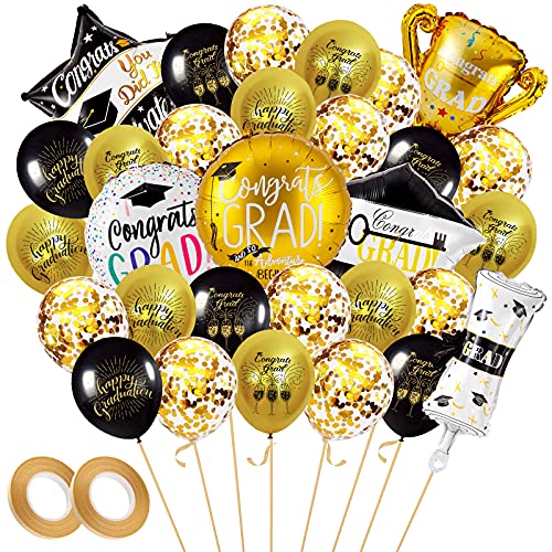 38PCS Graduation Balloons Set - Black & Gold Confetti Decor