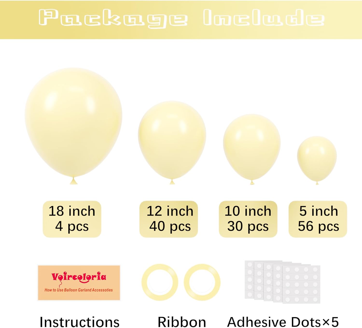 Voircoloria Pastel Yellow Balloon Garland Kit - 130pcs Latex Balloons in Various Sizes for Parties & Events