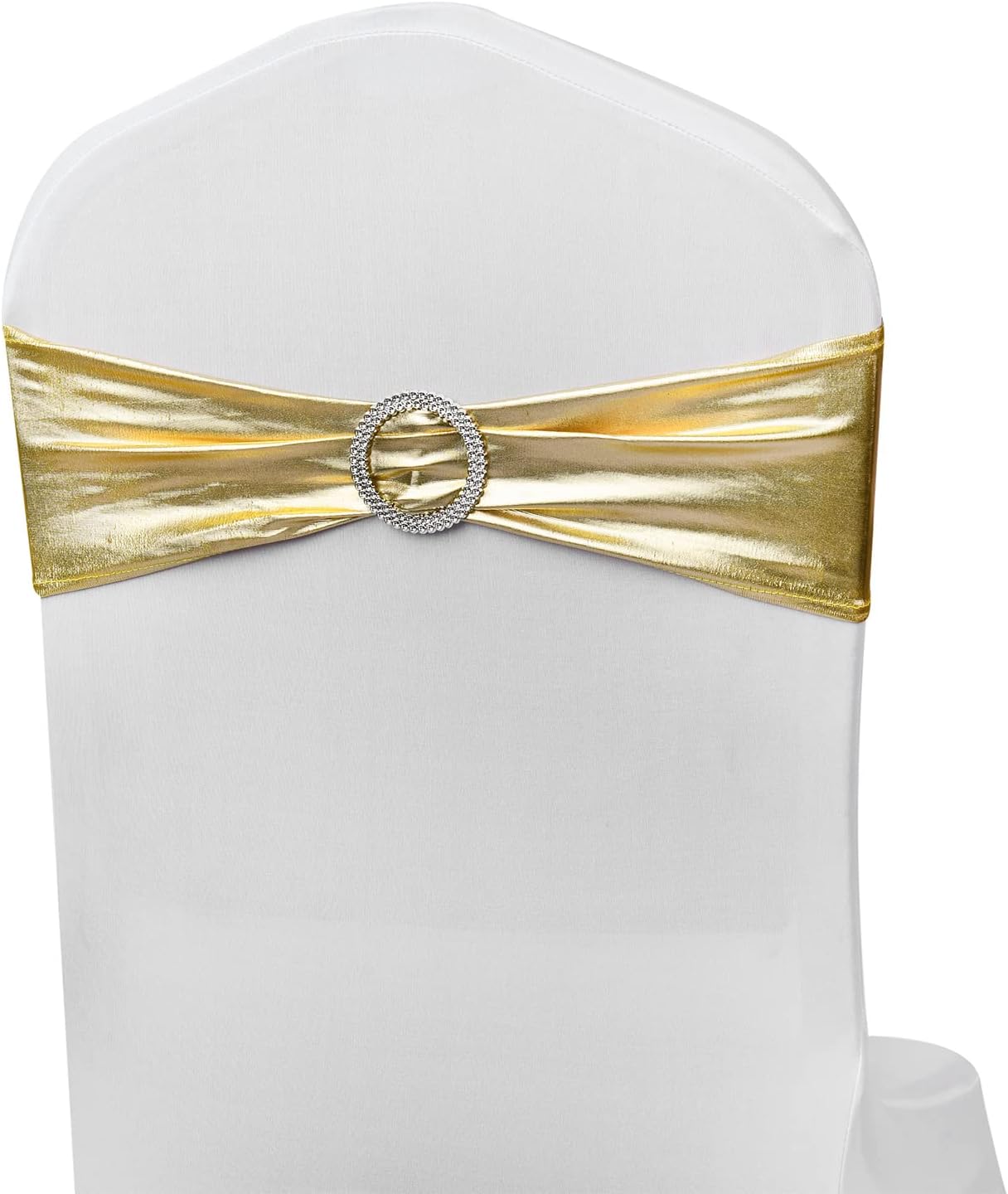 Spandex Gold Chair Sashes - 50 Pack Stretch Chair Bands with Buckles for Wedding & Event Decor - Metal Gold