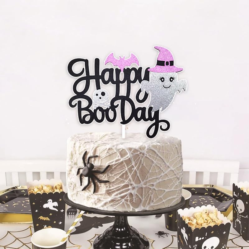 Happy Halloween Cake Topper - Black Glitter Boo Day Decoration