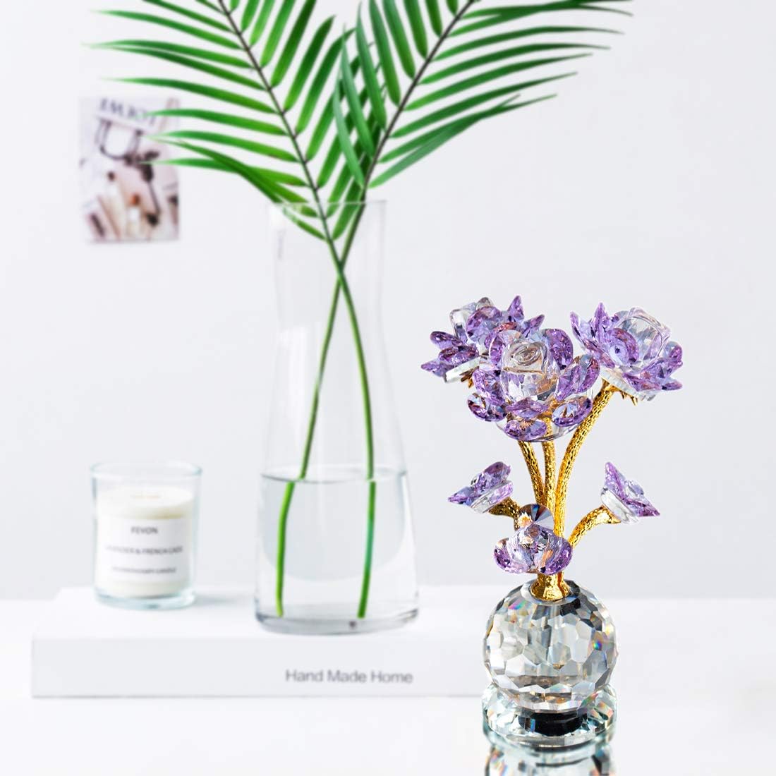 QFkris Purple Crystal Rose Flower Figurine - 6" Collectible Glass Ornament for Home Decor & Gifts