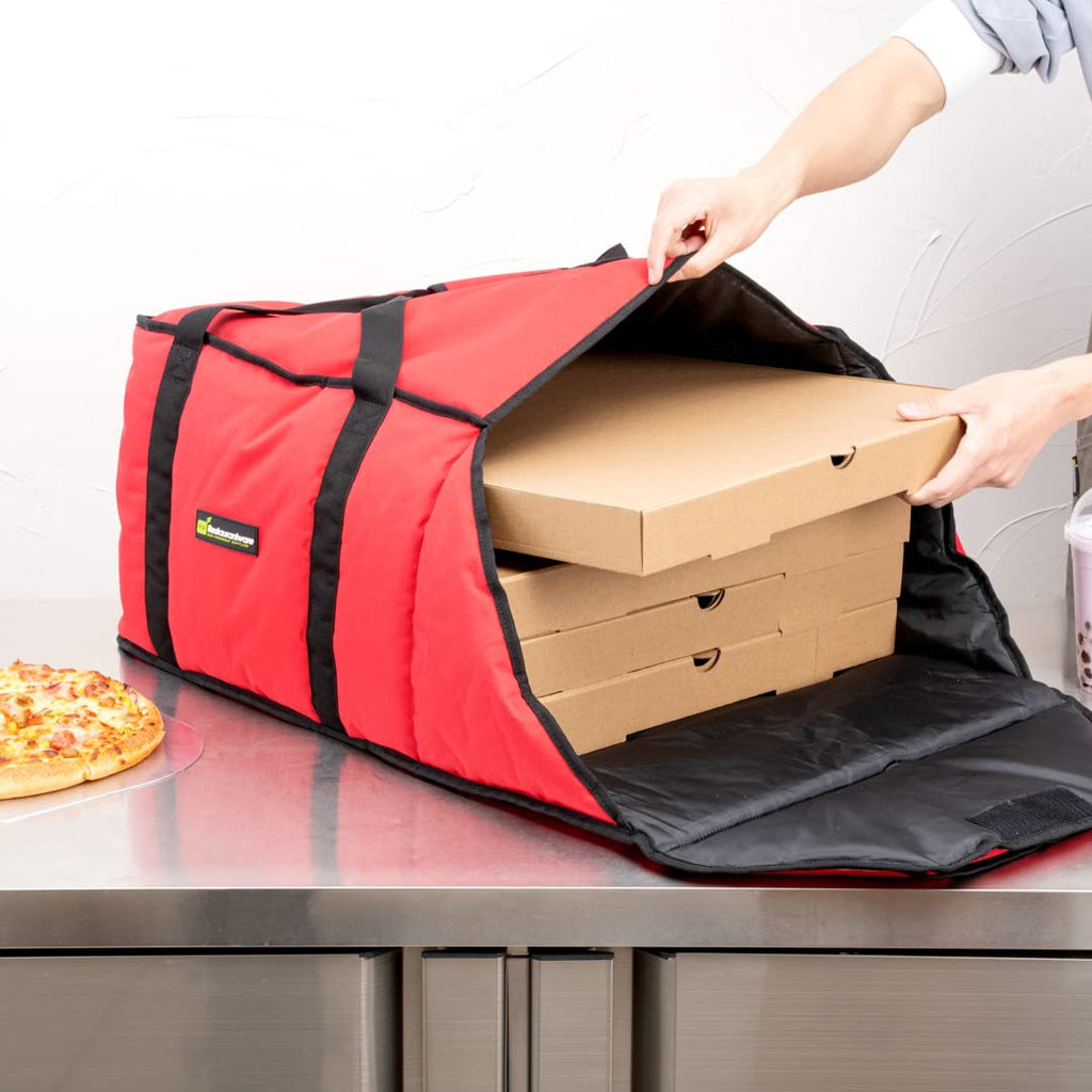 Restaurantware-Delivery Tek 19.5 x 19.5 x 12.5 Inch Insulated Pizza Bag, 1 Durable Delivery Bag - Holds (5) 18" or (6) 16" Pizza Boxes, Machine Washable, Red Polyester, Extra-Large Flap