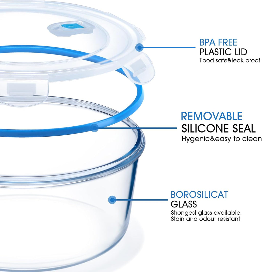NUTRIUPS Round Glass Food Storage Containers - Airtight Lids for Meal Prep | 4-Piece Set, 15oz Each