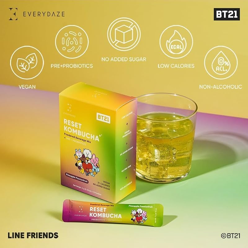 Everydaze BT21 Kombucha Powder Mix - Pineapple Passion Fruit | 10 Sticks | Vegan, Probiotics, No Sugar Added