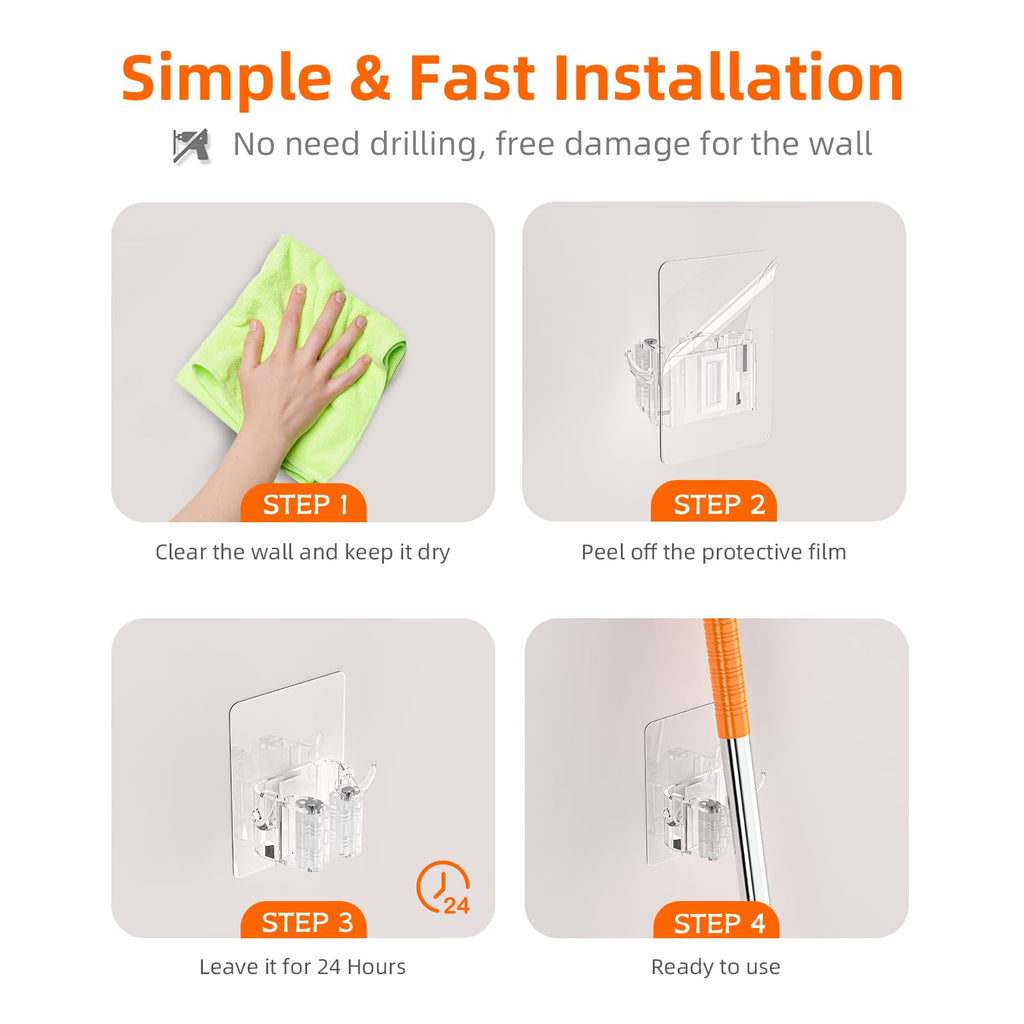 Batur Broom Holder Wall Mount, 4 Pack New Version Adhesive Mop and Broom Holder Wall Mount, Super Anti-Slip Broom Hanger Mop Organizer Wall Hanging for Bathroom, Kitchen, Laundry Room