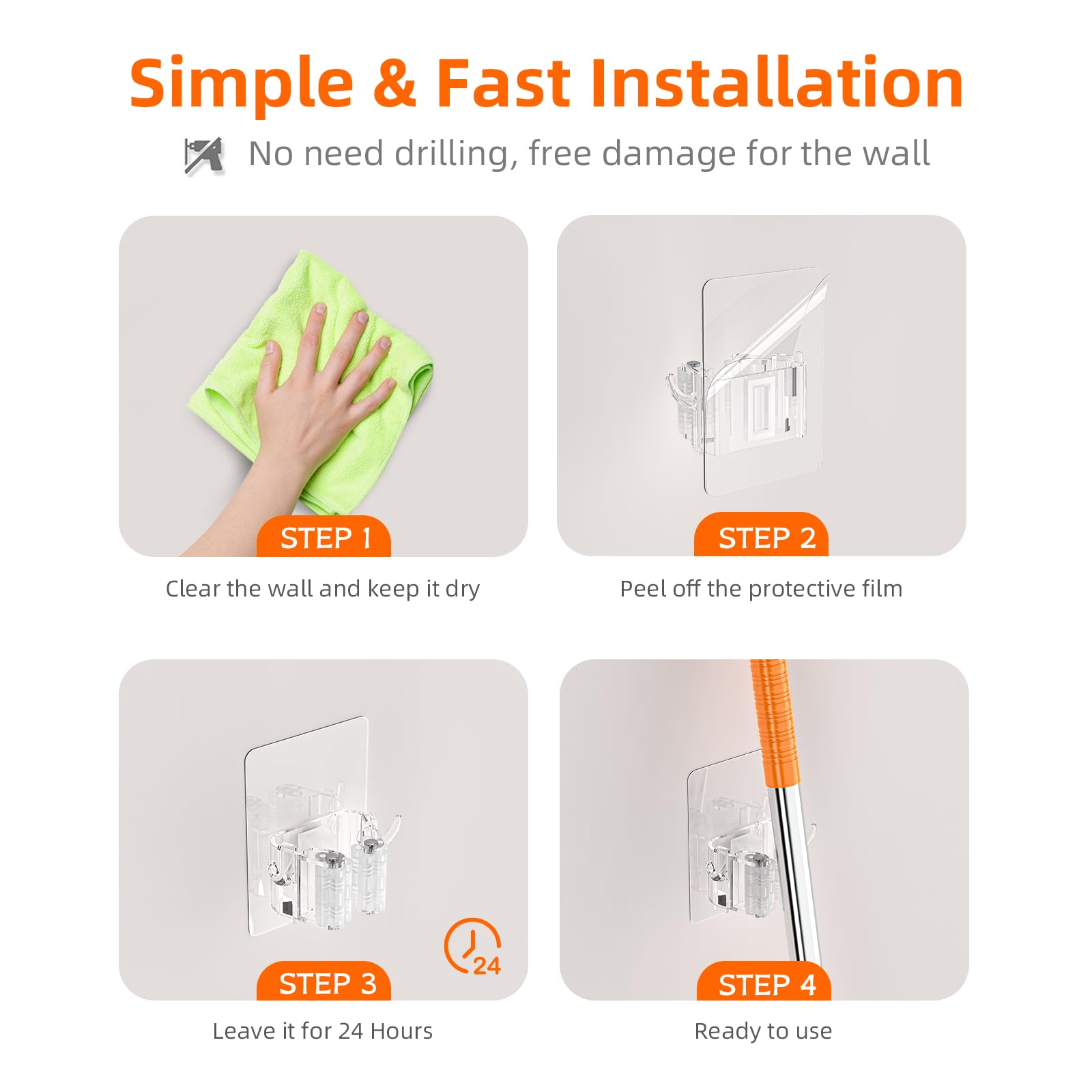 Batur Broom Holder Wall Mount, 4 Pack New Version Adhesive Mop and Broom Holder Wall Mount, Super Anti-Slip Broom Hanger Mop Organizer Wall Hanging for Bathroom, Kitchen, Laundry Room