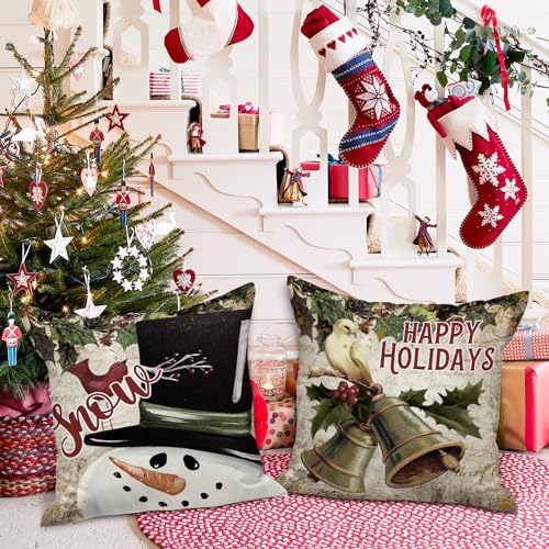 Lanpn Vintage 16x16 Christmas Pillow Covers Set of 4 - Retro Holiday Designs