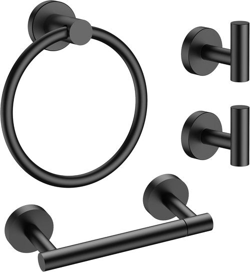 FORIOUS Bathroom Accessories Set - SUS304 Stainless Steel Toilet Paper Holder, Towel Ring & Hooks | Matte Black