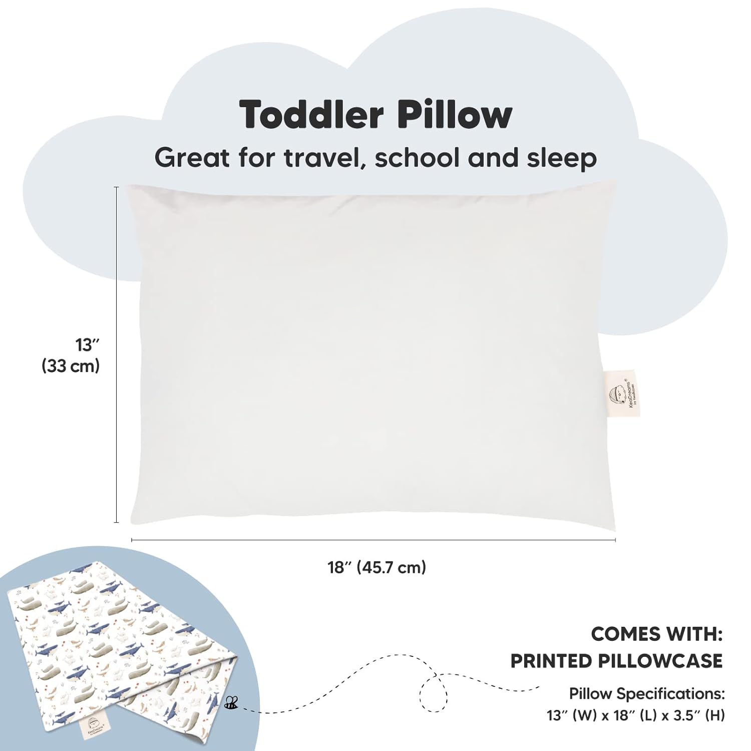 My Little Dreamy Toddler Pillow - Organic Cotton Travel Bed Pillow with Soft Pillowcase | 13x18, Machine Washable, Ideal for Ages 2-5 (Marine)