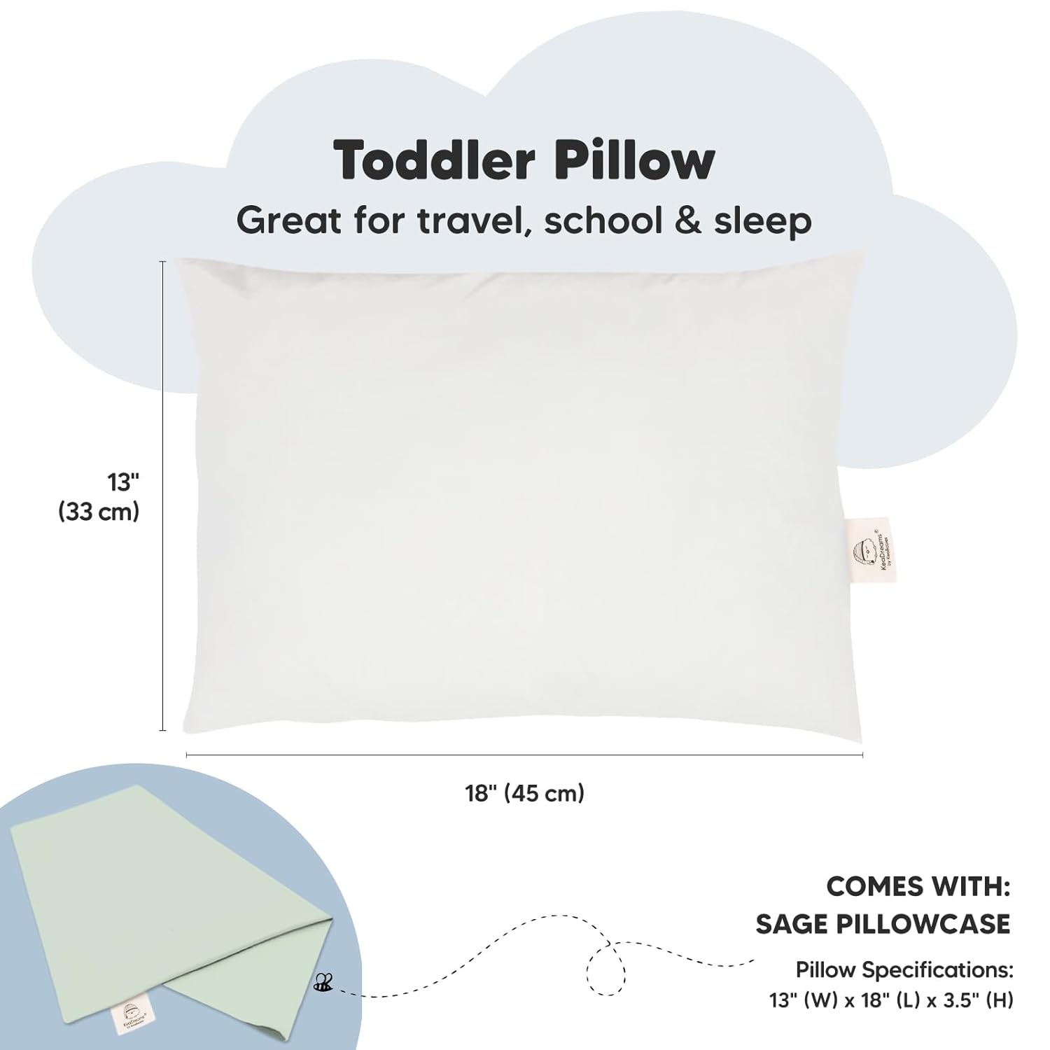 My Little Dreamy Toddler Pillow - Organic Cotton Travel Bed Pillow with Soft Pillowcase | 13x18, Machine Washable, Ideal for Ages 2-5 (Sage)