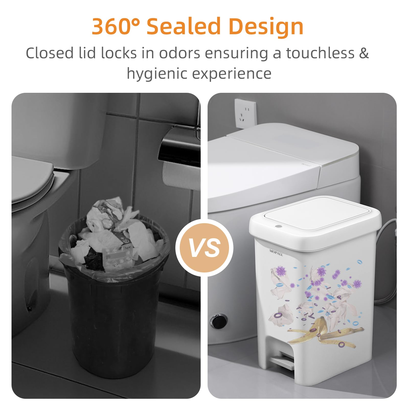 MOPALL 1.9 Gallon Slim Bathroom Trash Can with Lid - Dual-Way Opening (Step Pedal & Press Top) Small Trash Can for Narrow Spaces, Rust-Proof Wastebasket Small Garbage Can for Bathroom, Bedroom, Office