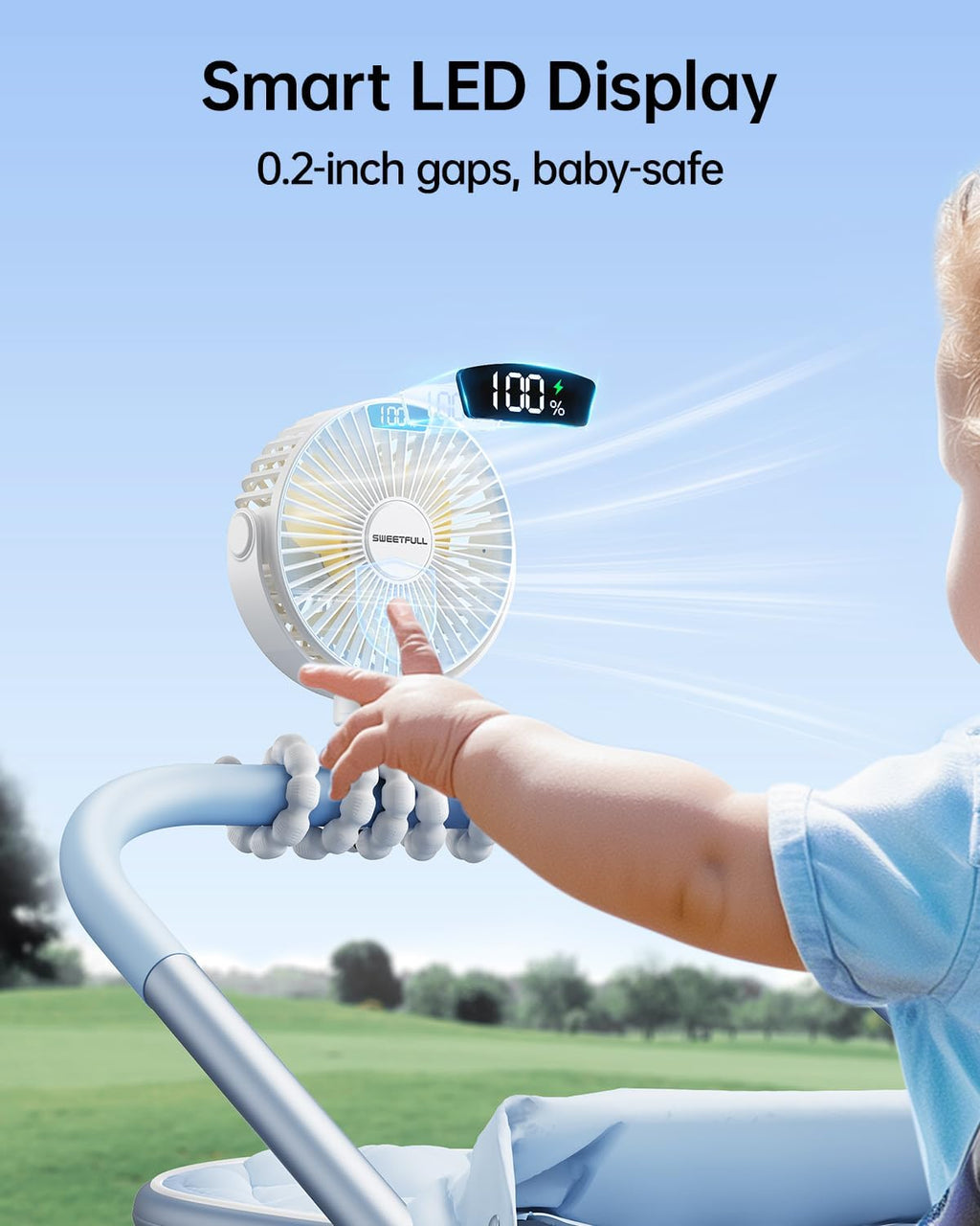 Sweetfull Portable Stroller Fan - 4-Speed Rechargeable Mini Clip-On Fan with LED Display | 360° Rotation, Ideal for Baby Travel (White)