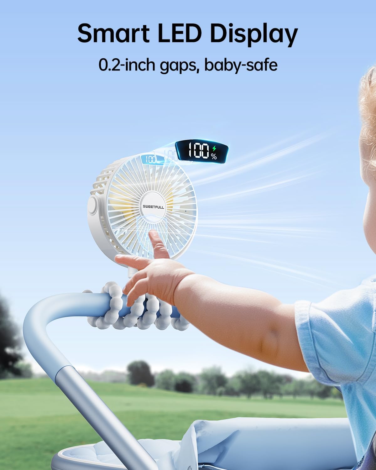 Sweetfull Portable Stroller Fan - 4-Speed Rechargeable Mini Clip-On Fan with LED Display | 360° Rotation, Ideal for Baby Travel (White)
