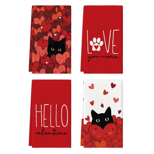 Artoid Mode Black Cats Red Hearts Paw Print Valentine's Kitchen Towels Dish Towels, 18x26 Inch Anniversary Wedding Decoration Cleaning Set of 4