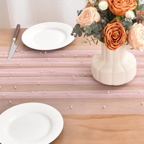 Dlpafzy Blushing Pink Pearl Valentine's Day Table Runner Boho Rustic Tulle Lace Table Runner for Baby Shower Wedding Arch Decor Veil Dessert Table Decor