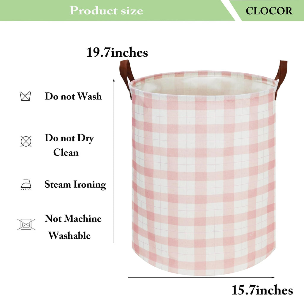 CLOCOR Laundry Basket, Waterproof Pink Nursery Hamper, Collapsible Fabric Storage Container, Room Decor, Gift Basket(Pink Grid)