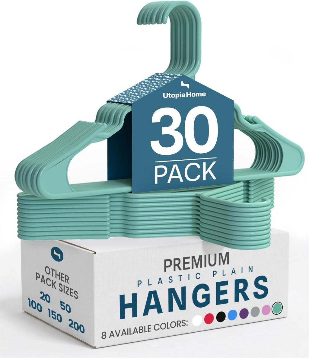 Utopia Home Plastic Hangers 30 Pack - Durable Space-Saving Clothes Hangers - Aqua Color for Organized Closets