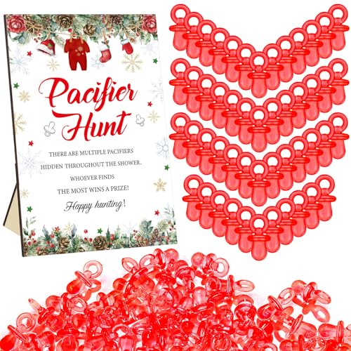 Christmas Baby Shower Pacifier Hunt Game Set with Santa Themed Sign - Red