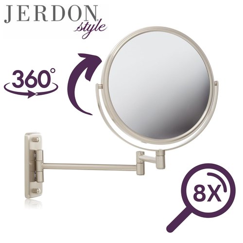JERDON 8-Inch Two-Sided Swivel Wall Mount Mirror - Makeup Mirror with 8X Magnification & 13.5 inch Wall Extension - Nickel Finish - Model JP7808N