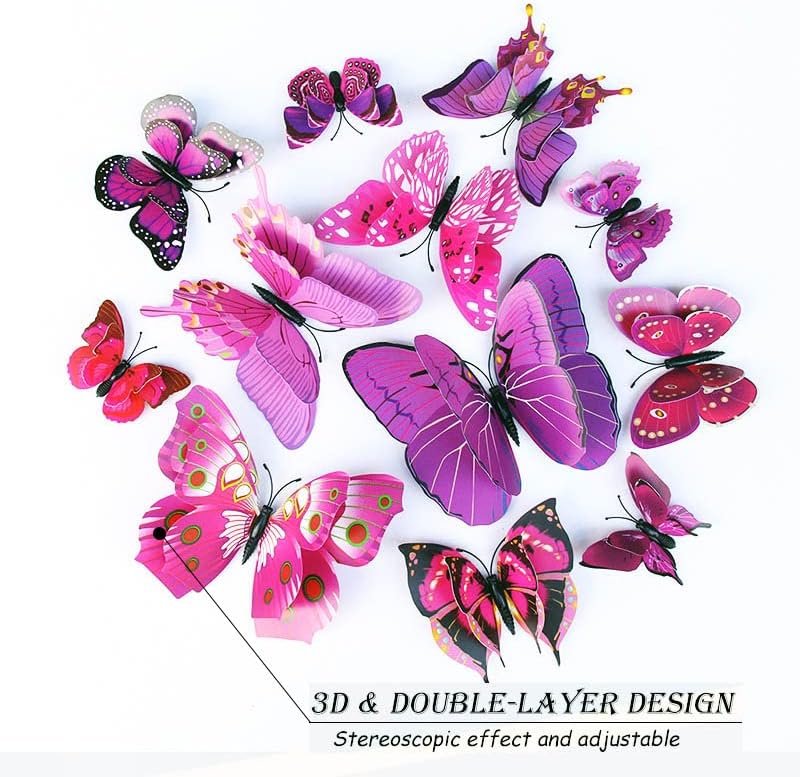 OPSEAM 3D Butterfly Wall Decor - 24 PCS Purple Stickers with Magnets for Party Decorations