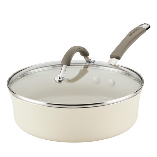 Rachael Ray Cucina Ceramic Nonstick Saute Pan with Lid, 3 Quart Non Stick Sauteuse Pan, Dishwasher Safe - Almond